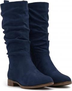 Женские сапоги MOOMMO средней длины, замшевые, с мягким голенищем, плоским каблуком, высокие сапоги на широкую икру, боковая молния, зимние сапоги, круглый носок, плоские, ретро, милые, удобные, повседневные, зимние, размеры 4-13 M US, Suede Dark Blue