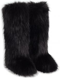 Женские пушистые сапоги QMFUR с искусственным мехом, высокие до колена, теплые зимние ботинки с круглым носком, из замши, удобные мягкие плоские ботинки для улицы и дома, модные сапоги, Black