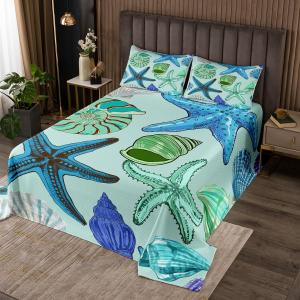 Erosebridal Комплект постельного белья Starfish Quilt Set с тропическими морскими ракушками и морскими животными в стиле масляной живописи, Teal Blue Green