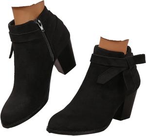 Женские ботильоны на низком и среднем массивном каблуке, с круглым носком, из замши, вестерн-стиль, с боковой молнией, Челси Generic, Black
