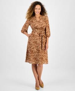 Платье А-силуэта с принтом, рукавами 3/4, для невысоких девушек Jones New York, Cafe Au Lait Multi