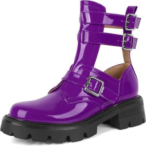 Женские ботильоны SAMMITOP с низким каблуком и рифленой подошвой, модные ботинки с круглым носком и вырезами, боевые ботинки с металлической пряжкой, готические ботильоны на 2 дюйма, Purple