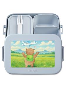 Mr. & Mrs. Panda Ланчбокс с изображением медведя и самолета, выполненный в пастельно-голубом цвете (без каких-либо пояснений)