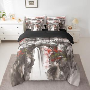 Erosebridal Комплект постельного белья Rustic Floral Bed in a Bag в китайском стиле с цветочным принтом вишни и черно-белым пейзажем, Pink Gray