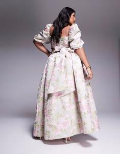 Юбка макси из жаккарда ASOS LUXE Curve с бантом сзади и цветочным принтом тюльпанов