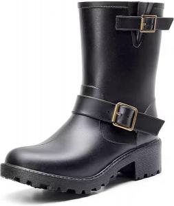 Женские высокие резиновые сапоги до середины голени с толстой подошвой, комфортным округлым носком, широкой платформой, водонепроницаемые, противоскользящие, с ремешком для регулировки, для работы на улице и сада, ботильоны Челси MELGONMG, Black