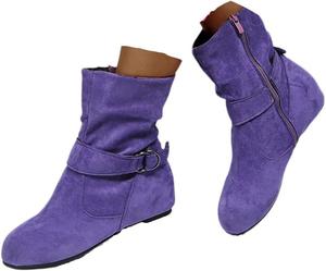 Женские ботильоны без каблука, модные, свободного силуэта, сборка, замшевые, с круглым носком, на плоской подошве, с боковой молнией, удобные повседневные зимние и осенние короткие сапоги до середины голени Generic, Purple-A
