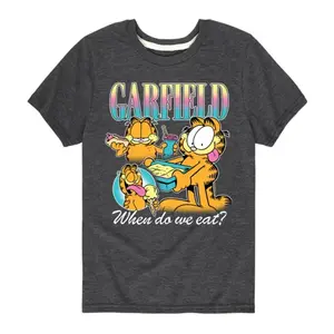 Футболка с рисунком Гарфилда для мальчиков 8-20 лет с надписью "Когда мы едим?" Nickelodeon, серый