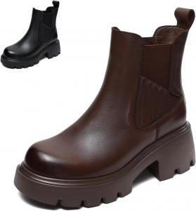 Женские ботинки на толстой подошве из натуральной кожи, платформой, с бархатной подкладкой, округлым носком, массивным каблуком, на резинке, с удобной посадкой, для повседневной и деловой носки, ботинки в стиле Челси GLBDU, Brown