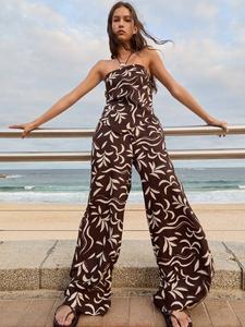 Брюки из льна с принтом в виде пальмовых листьев HUSH, Chocolate/White