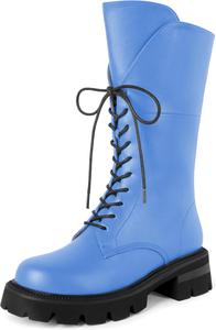 Женские боевые ботинки SAMMITOP, шнуровка, черные, средняя голень, низкий каблук, массивная подошва с протектором, круглый носок, всаднические, каблук 2 дюйма