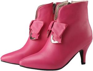 Женские модные короткие ботильоны с острым носком на высоком каблуке. Для повседневной работы и общения. Украшены бантом. Молния сбоку. Fusecottc, Pink