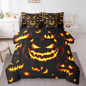 Erosebridal Комплект постельного белья Halloween Pumpkin Lights с принтом тыкв и привидений, Black Red Orange