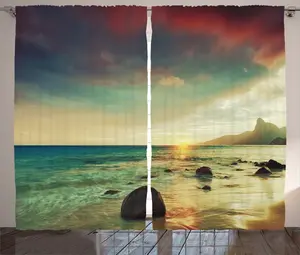 Штора ABAKUHAUS Рустикальное море, Драматический восход солнца, Тропический, присборенная штора из тесьмы для спальни с петлями и крючками, 280 x 175 см, кремово-голубой Abakuhaus
