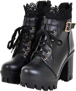 Женские ботильоны Parisuit с массивной платформой, высокие каблуки, шнуровка, с милой кружевной задней молнией, Black 1