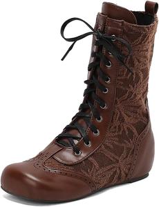 Женские ботильоны на клиновидном каблуке с шнуровкой, с круглым носком, внутренней вставкой для увеличения роста, для широкой голени Taxutixieye, 56 Brown