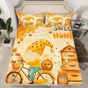 Erosebridal Комплект постельного белья Honey Bee Gnome в стиле ретро с деревянным домиком и медовыми сотами для детской комнаты, Multi 03