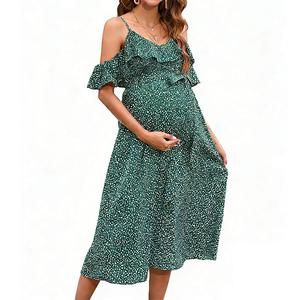 Женское платье миди с V-образным вырезом, холодным плечом и рюшами для душа Clearflower, Green Floral