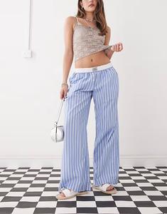 Широкие брюки Monki с застежкой-липучкой и складным поясом в сине-белую полоску