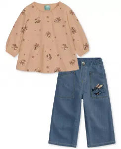 Детский комплект для девочки: хлопковая блузка с Микки Маус и джинсовые брюки, 2 предмета Disney, оранжевый