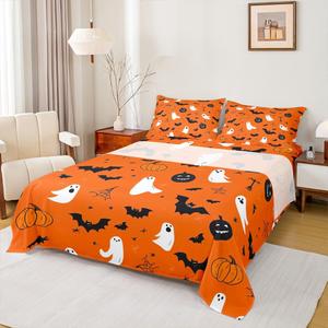Erosebridal Комплект постельного белья Happy Halloween с принтом привидений, тыкв и пауков в готическом стиле, Orange Black White