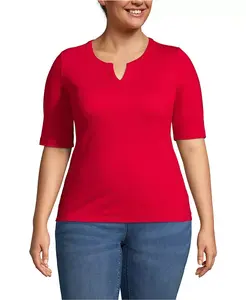 Современный джемпер из хлопка и полиэстера больших размеров с короткими рукавами и разрезом на шее Lands' End, красный