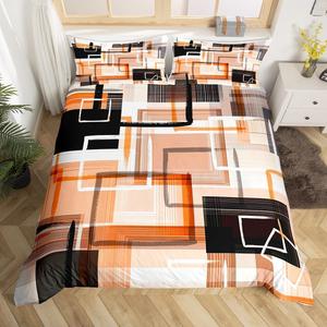 Erosebridal Геометрический комплект постельного белья с абстрактным клетчатым узором в оранжево-бело-черной гамме, Orange White Black