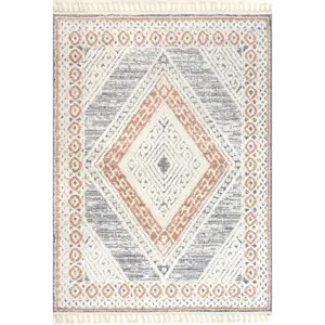 Коврик с вышивкой и кисточками из акации nuLOOM, 152x244 см, бежевый