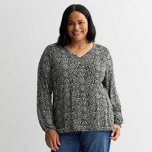 Блузка-хенли со сборками Plus size Croft & Barrow, Black Exciting Tile