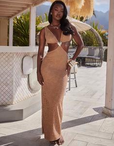 Пляжное платье макси с кружевом и вырезами South Beach карамельного цвета