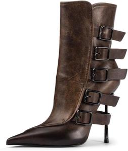 Женские ботильоны XYD с заостренным носком, много застежек, высокий каблук-шпилька, боковая молния, стильные праздничные туфли, Saddle Brown