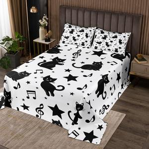 Erosebridal Комплект постельного белья Black Cat Halloween с милыми котиками, звездами и нотками, белый стеганый, мягкий и роскошный, Multi 21