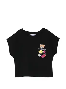 Футболка с цветочной вышивкой и нагрудным карманом Moschino Kids, черный