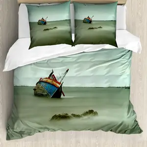 Пододеяльник ABAKUHAUS Затонувшее судно, Заброшенная рыбацкая лодка, с защитой от клещей, подходит для аллергиков, с наволочками, 155 x 220 см - 80 x 80 см, серо-голубой Abakuhaus