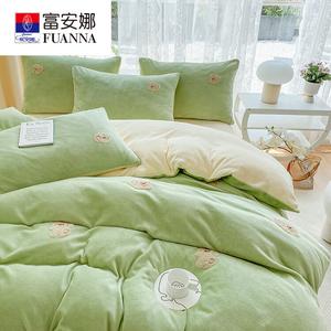 Fuanna Комплект постельного белья из 4 предметов (простыня на резинке 180 см, пододеяльник 200х230 см), вельвет, цвет Mengzai - Light Green + Light Yellow [Towel Embroidery]