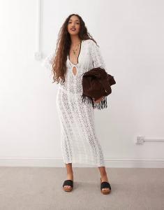 Lioness Soiree пляжное макси-платье с глубоким вырезом и вырезом-замочной скважиной белого цвета