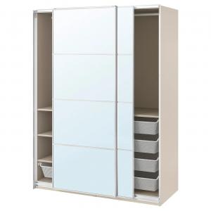 Шкаф с раздвижными дверями PAX/AULI IKEA, 150x66x201 см, цвет grey-beige/mirror glass
