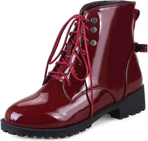 Женские модные ботильоны VOKLIN с кружевной шнуровкой, водонепроницаемые, на платформе, с низким каблуком, короткие боевые ботинки, Red-Velvet Lined