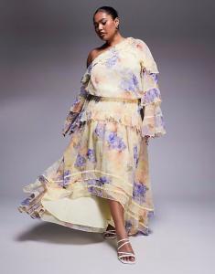 Длинное платье из шифона ASOS LUXE Curve с ярким цветочным узором и жемчужными украшениями