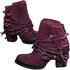 Женские замшевые ботильоны на толстом каблуке с молнией сзади, винтажные вестерн-ботинки для женщин - бохо, повседневные и официальные наряды Hhhchpm, Purple