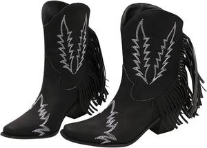 Женские ковбойские сапоги Alyaafifa Western с массивным каблуком, кисточками, закрытым заостренным носком, на широкий голень и удобные для езды, кожаные декоративные сапоги для вечеринок и праздников, Ankle High - Black