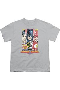 Футболка с коротким рукавом для подростков "Лига справедливости Америки" с триптихом героев Gildan, серебряный