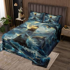 Erosebridal Комплект постельного белья Dolphin King с морским принтом и световым декором для детей, Dark Blue Yellow