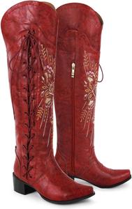 Женские ковбойские сапоги Yolkomo с широкой голенью, вышивкой, западным стилем ковбойских сапог, заостренным носком, выше колена, с шнуровкой, Bright Orange