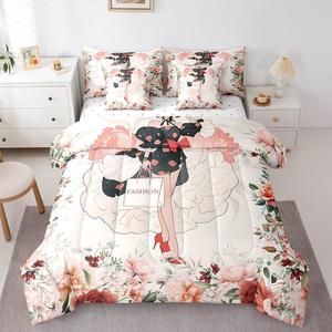 Erosebridal Комплект постельного белья Modern Fashion Girl с цветочным принтом и красными бантами, Beige Red