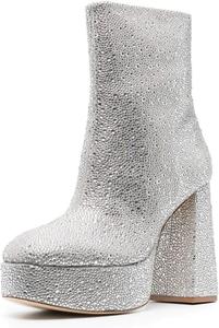 Женские ботильоны XYD с квадратным носком на платформе, с массивным высоким каблуком и боковой молнией, модные, для вечеринок и клубов, Silver Studded