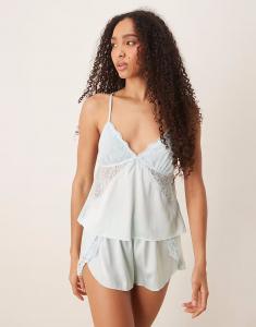 Ночное белье Abercrombie & Fitch с отделкой из атласного кружева, короткие шорты синего цвета