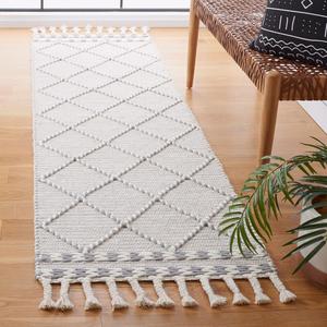 Ковер-дорожка SAFAVIEH, 69 x 244 см, Vermont Collection, Ivory & Grey, ручной работы марокканский бохо с плетеным узором и кистями из шерсти, идеально подходит для помещений с высокой проходимостью в гостиной, спальне (VRM161F)