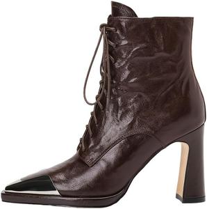 Женские модные короткие ботинки с массивным носком из металла - подходят для всех сезонов, удобные, на молнии, для повседневной носки. Fusecottc, Brown