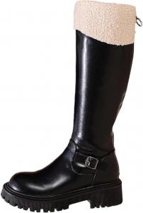 Женские теплые сапоги средней длины с молнией, флисовой подкладкой, водонепроницаемые кожаные, с пряжкой, нескользящие, на низком каблуке, зимние Generic, Black